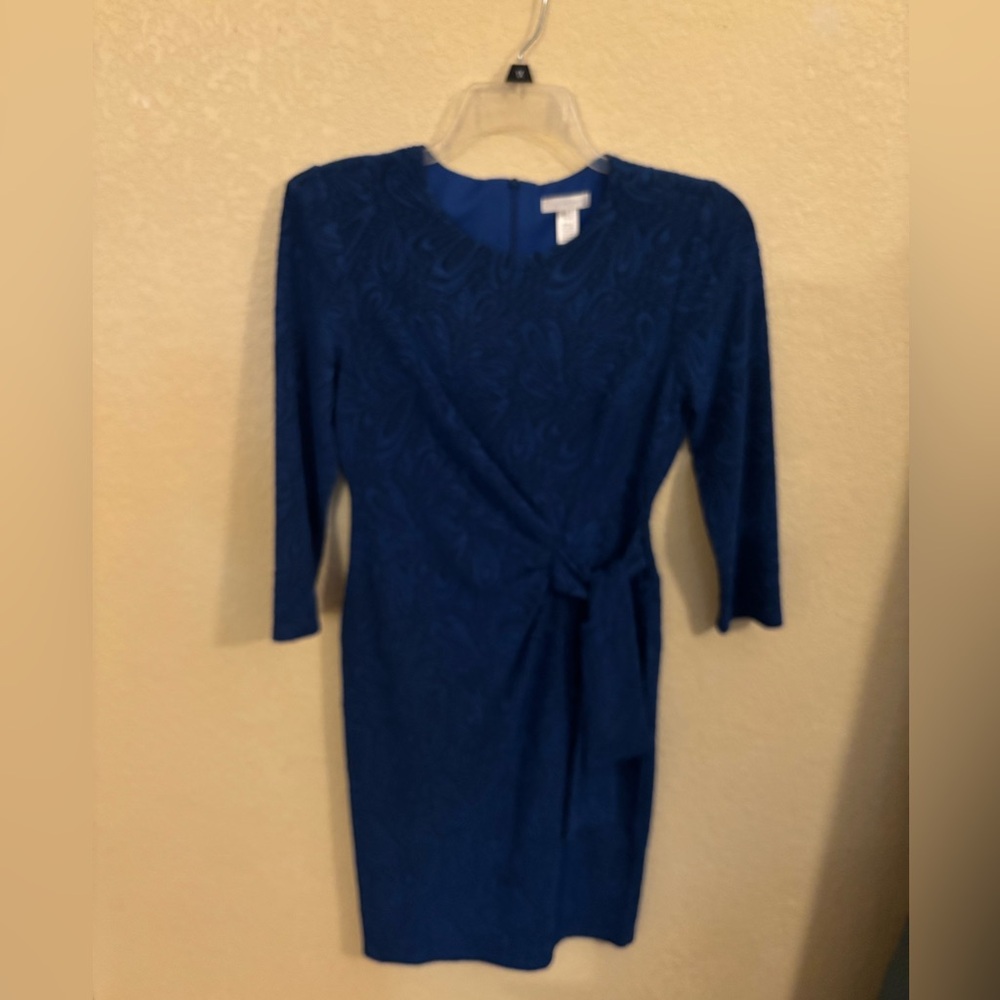 London Times Royal Blue Long Sleeve Dress with Tied Waist, Size 6